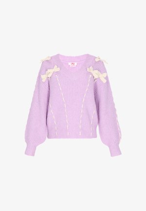 Lavendel gebreide trui met een V-hals, ballonmouwen en roomkleurige strikaccenten op de schouders. Bevat roomkleurige stiksels langs het lichaam.