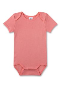 Kurzärmeliger Baby-Body aus weichem Korallstoff, mit kontrastierendem orangen Zierband entlang des Ausschnitts und der Beinausschnitte, versehen mit Druckknopfverschlüssen.