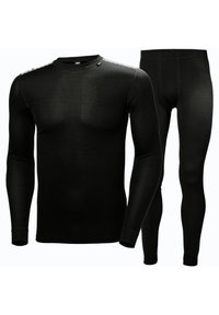 Black long-sleeve top and leggings set, made of stretchy fabric, featuring a smooth texture and fitted design for enhanced mobility.