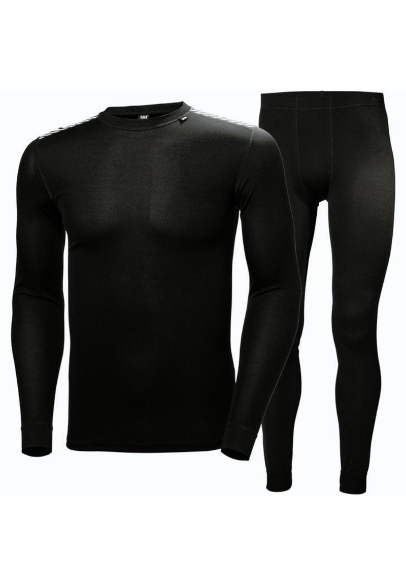 Black long-sleeve top and leggings set, made of stretchy fabric, featuring a smooth texture and fitted design for enhanced mobility.