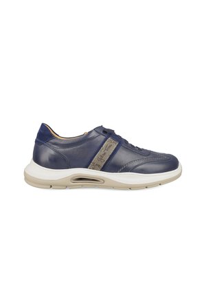Navy blue leather sneaker with beige cushioned sole, lace-up front, and a beige fabric strip featuring printed text on the side.