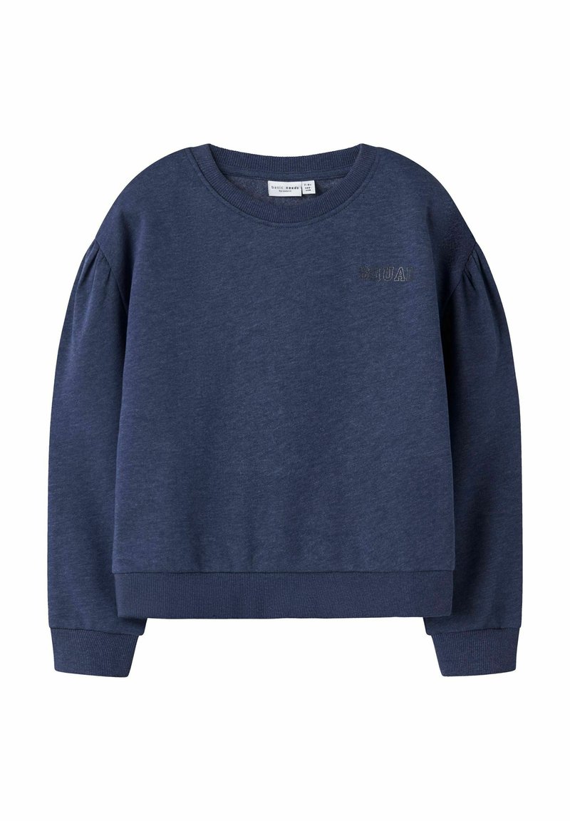Felpa blu navy con collo a giro, maniche arricciate, polsini e orlo a costine. Presenta un delicato dettaglio testuale sul davanti. Texture del tessuto morbida.