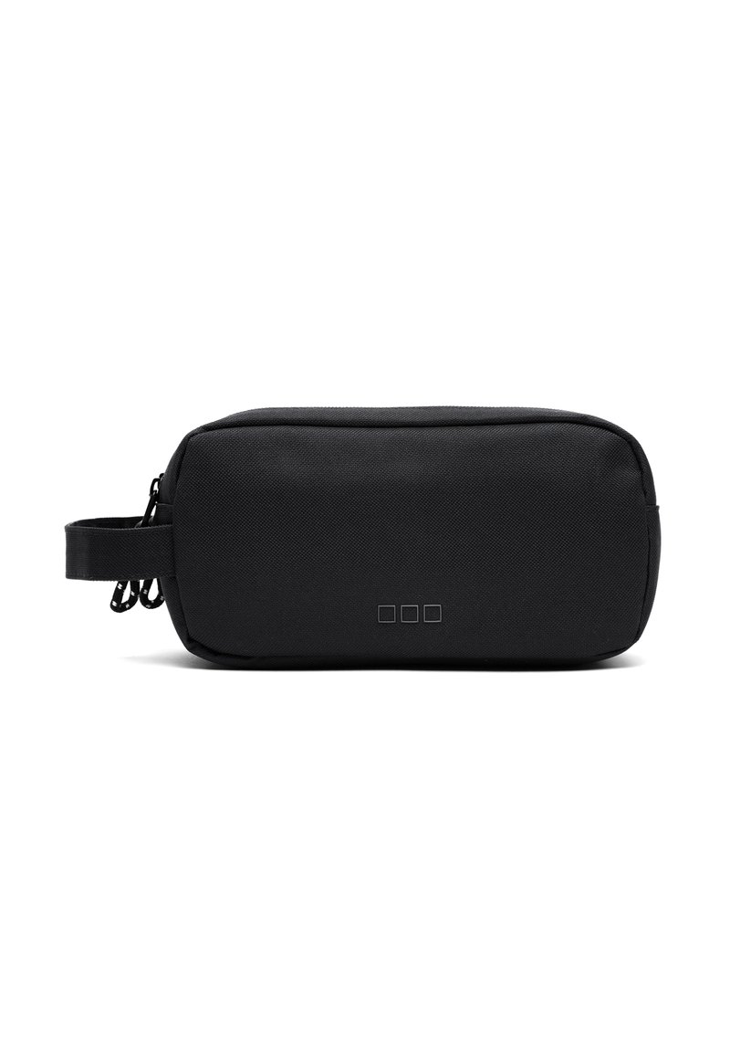 Black rectangular pouch made of durable fabric, featuring a zip closure and a side handle for easy carrying. Minimalist design with logo accents.