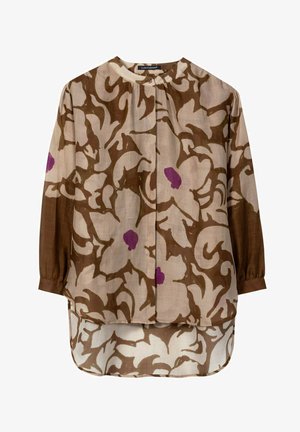 Long-sleeve blouse with buttoned collar, abstract brown and beige floral pattern, and small purple accents on lightweight fabric.