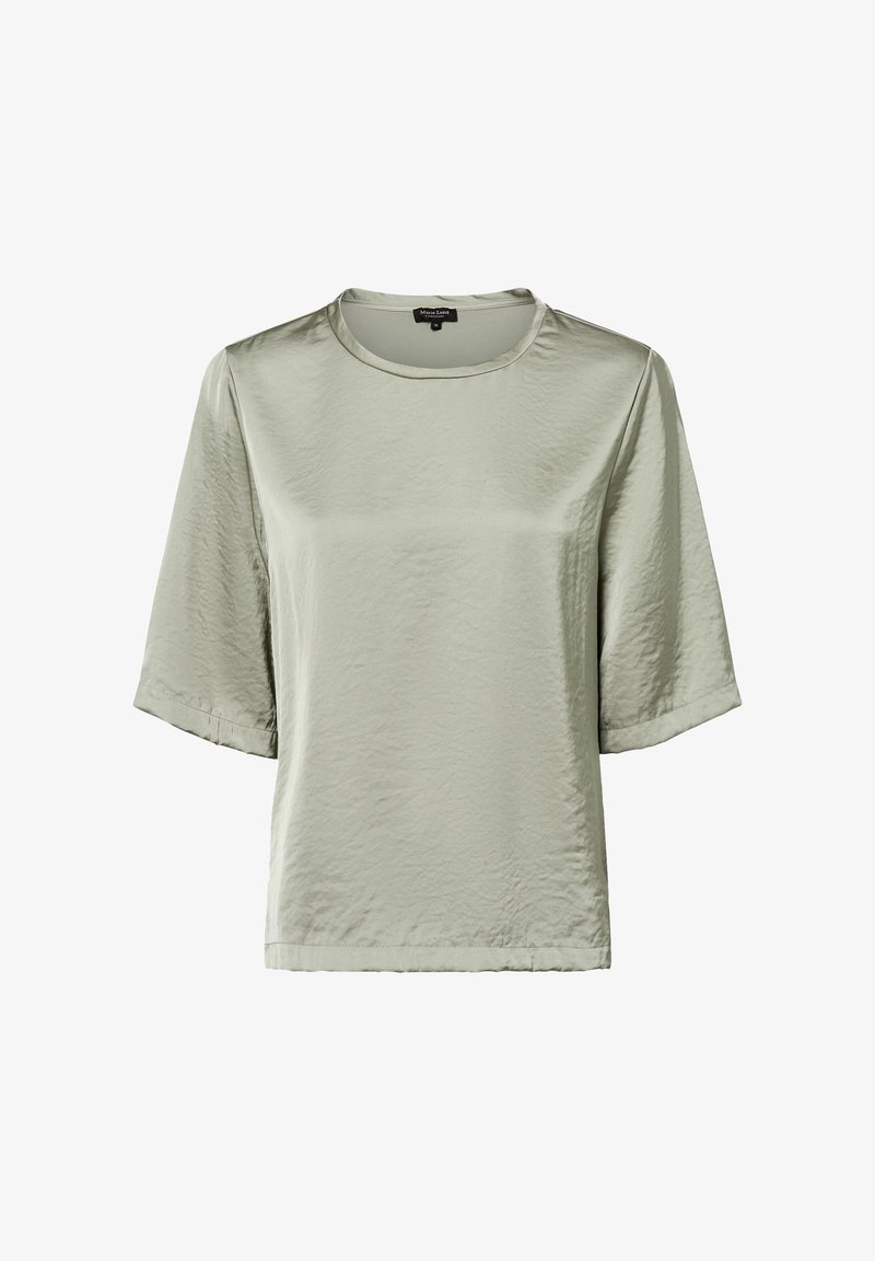 Hellgrünes, kurzärmeliges Oberteil aus glattem, strukturiertem Stoff. Es hat einen runden Ausschnitt und eine lockere, kastige Passform.