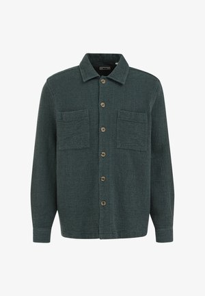 Veste-chemise à manches longues vert foncé texturée avec col, fermeture à boutons sur le devant et deux poches plaquées poitrine.