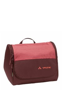 Borse da toeletta rossa e bordeaux con un pannello superiore texturizzato, logo frontale e chiusura con zip. Include un manico per un facile trasporto.