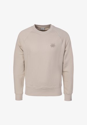 Sudadera beige de manga larga con cuello redondo, puños y dobladillo acanalados, y un pequeño logo bordado en el pecho izquierdo.