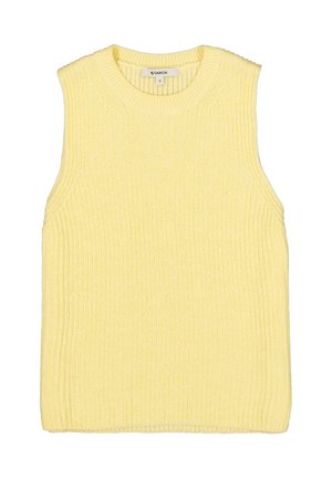 Pull sans manches jaune en maille, texture côtelée, col rond, coupe décontractée sans fermetures ni ornements visibles.