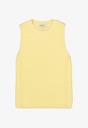 Suéter sin mangas amarillo tejido, textura acanalada, cuello redondo, con un ajuste relajado y sin cierres ni adornos visibles.