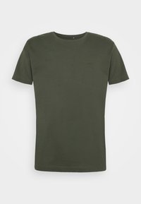 Olijf groene katoenen T-shirt met korte mouwen, ronde hals en een zachte textuur. Heeft minimale details zonder patronen of accenten.