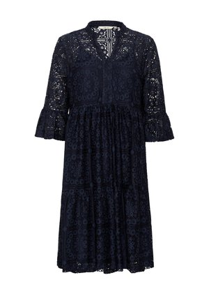 Navy blue lace dress featuring a v-neck, three-quarter flared sleeves, and a tiered skirt. Notable floral patterns throughout the fabric.