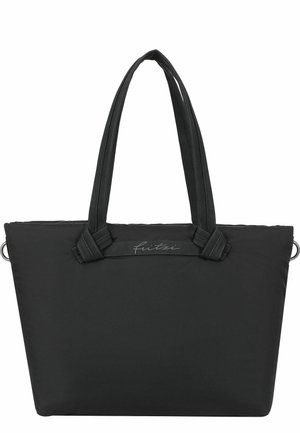 Schwarze Tragetasche mit zwei langen Griffen und einem kleinen Stofflabel auf der Vorderseite, auf dem "fitzi" in Kursivschrift steht.