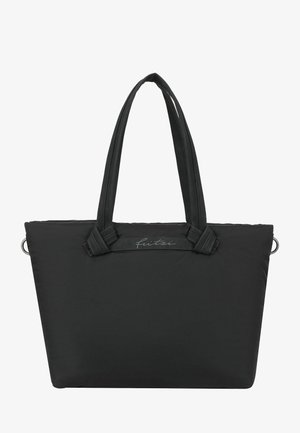 Zwarte draagtas met twee lange hengsels en een klein stoffen label aan de voorkant met de cursieve tekst "fitzi".