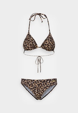 Compleu de bikini cu imprimeu leopard, cu un top triangular cu dungi ajustabile și slip asortat cu talie joasă, realizat dintr-un material elastic.