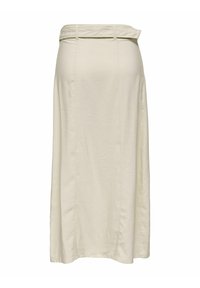 Langer Cremetöniger Rock aus weichem Stoff. Verfügt über einen Gummibund, geraden Schnitt und vertikale Nähte für Struktur. Keine Muster oder zusätzliche Details.