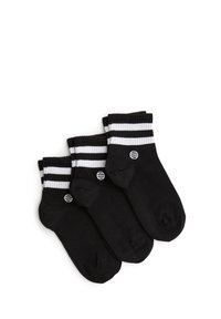Black ankle socks with white accent stripes at the cuff and a small logo. Made from a soft, stretchy material. Three pairs included.