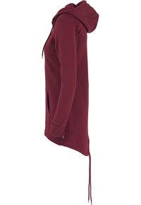 Felpa cappuccio bordeaux con un design lungo, cappuccio con cordino, tasche frontali e polsini a costine. Realizzata in materiale morbido ed elasticizzato con una superficie liscia.