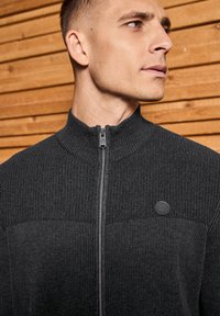 En ung man som bär en mörkgrå dragkedjetröja i ribbat tyg, vänd mot höger, framför en bakgrund av träpanel.