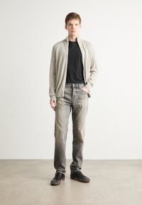 Cardigan grigio chiaro con zip e polsini a costine, indossato sopra una t-shirt nera, abbinato a jeans grigi sbiaditi e sneakers nere. Design semplice e aderente.