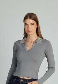 Graues Langarmshirt mit V-Ausschnitt und verziertem Kragen. Glatte Textur, taillierte Passform und cropped Länge. Kombiniert mit dunklen Jeans.