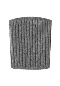 Cappello a maglia grigia con coste e una consistenza morbida; presenta una forma cilindrica alta e motivi di cucitura sottili in tutto.