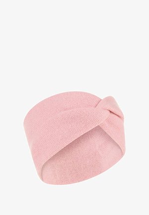 Pink knitted headband with a twisted design. Soft texture, wide band shape, and smooth finish provide comfort and stretch.