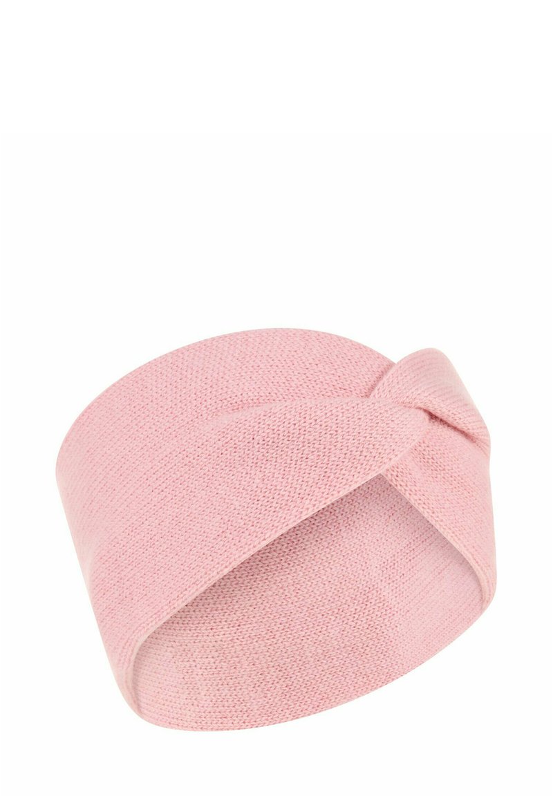 Roze gebreide haarband met een gedraaide ontwerp. Zachte textuur, brede bandvorm en gladde afwerking zorgen voor comfort en rekbaarheid.