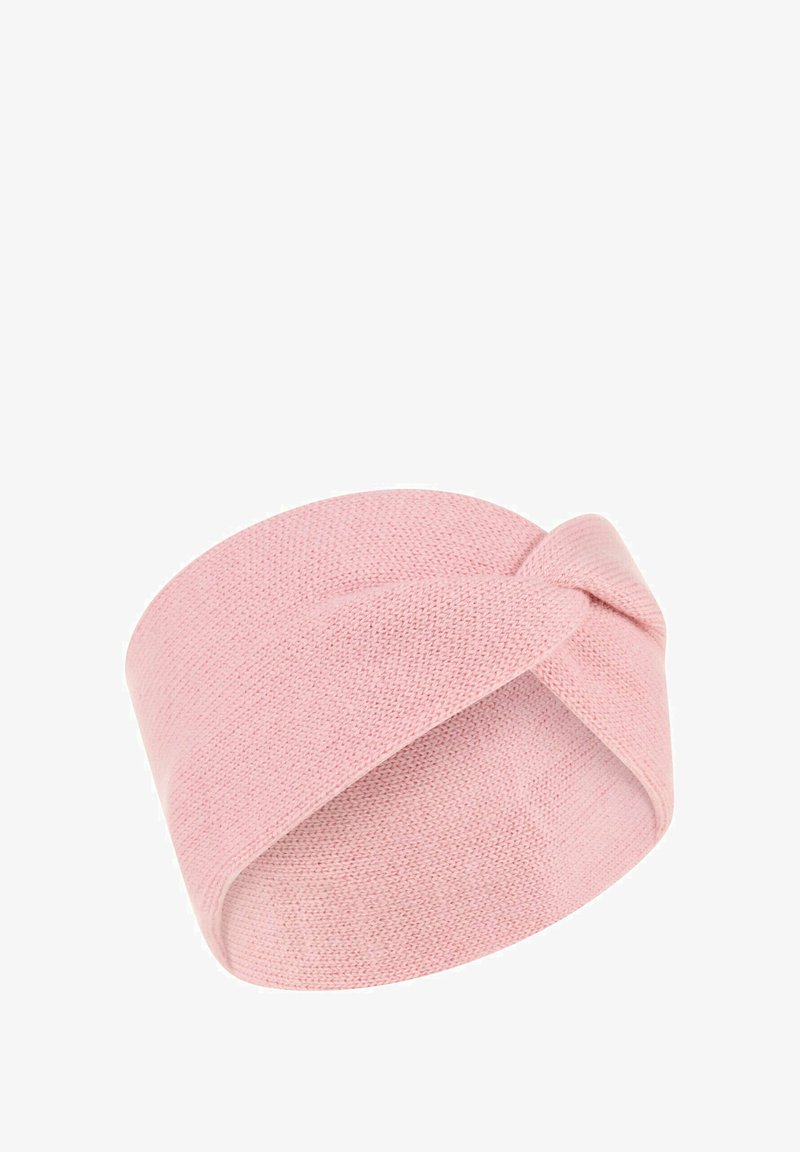 Lyserød strikket pandebånd med et tvistet design. Blød tekstur, bred båndform og glat finish giver komfort og stræk.