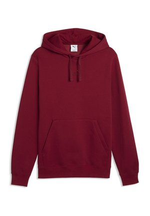 Dunkelroter Kapuzenpullover mit Front-Kängurutasche und Kordeln, mit einem dezenten Markenlogo auf der Brust.