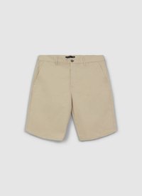 Khaki shorts made of cotton with a flat front design, two side pockets, a button closure, and a smooth texture.