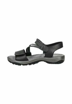 Zwart-grijze sandalen met open teen, verstelbare bandjes en een gestructureerde zool voor buiten- of casual gebruik.