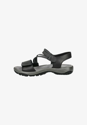 Sandalia de punta abierta negra y gris con correas ajustables y suela texturizada para uso exterior o casual.