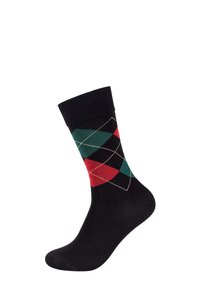 Schwarze Socke mit einem Rautenmuster in Rot, Grün und Schwarz, ergänzt durch goldene Akzente. Ribbelbund und glatte Textur über die gesamte Socke.