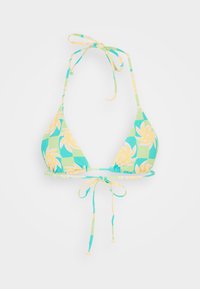 Bikini top with triangular cups, green and blue floral pattern, adjustable ties at neck and back, gathered detailing along the bottom.