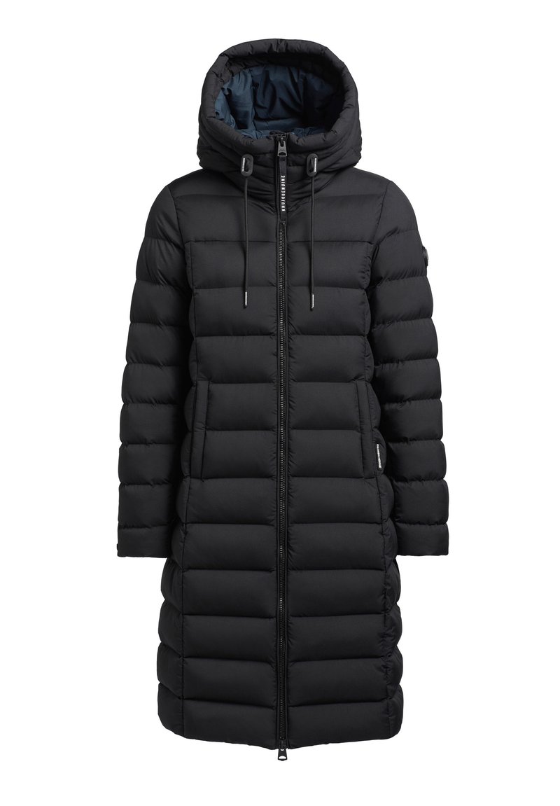 Schwarze gepolsterte Jacke mit Kapuze, featuring einen Frontreißverschluss, langen Ärmeln und einem gesteppten Design. Glatte Textur und leicht glänzender Stoff.