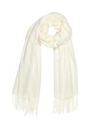 Cream-colored scarf made of soft fabric, featuring a smooth texture and fringed edges. Draped in a circular shape for display.