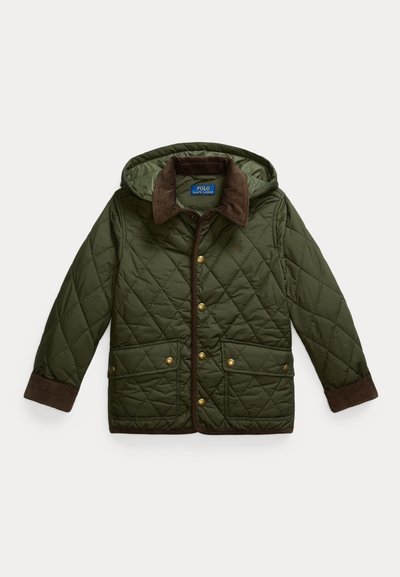 Groene doorgestikte jas met bruine corduroy kraag en manchetten, vooraan knoopsluiting, twee zakken met knopen en vast kap.