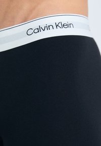 Crni Calvin Klein bokserice s mekim, elastičnim pojasom koji ima svijetlosive pruge i brand ime u crnoj boji, izrađene od glatkog, rastezljivog materijala.