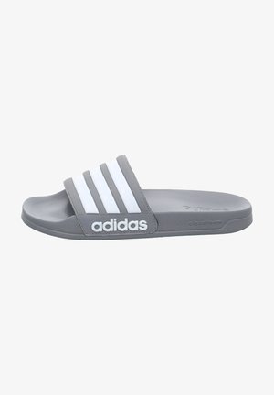 Gray slide sandal with three white stripes across the top, featuring an embossed logo and a cushioned sole labeled "cloudfoam."