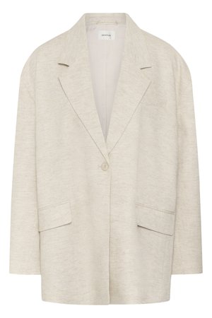 Blazer beige à un bouton avec revers crantés, deux poches à rabat et une coupe décontractée.