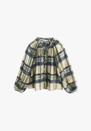 Brīva piegriezuma pleda blūze ar volānveida apkakli, pogu aizdari priekšpusē, saites detaļu un garām pūstām piedurknēm zaļā, violetā un krēmkrāsas toņos.