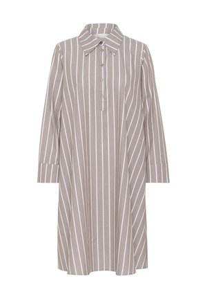 Beige shirtjurk met verticale witte strepen, knopenlijst, kraag en lange mouwen met manchetdetails. Glad, lichtgewicht stof.