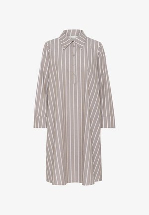 Beige shirtjurk met verticale witte strepen, knopenlijst, kraag en lange mouwen met manchetdetails. Glad, lichtgewicht stof.