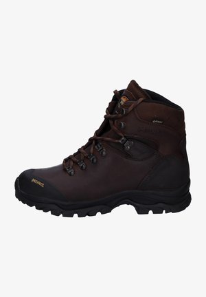 Brauner Lederschuh für Wanderungen mit schwarzem Gummispitz, metallenen Ösen und einem gepolsterten Kragen. Verfügt über eine robuste Sohle für Traktion und Langlebigkeit.