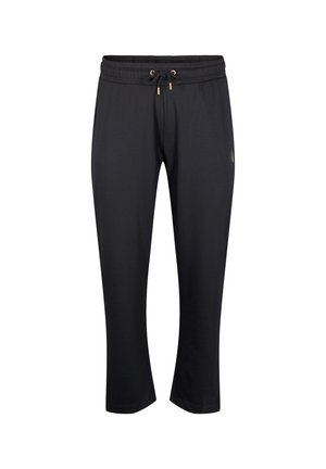 Black jogger pants with an elastic waistband, drawstring, and gold accent hardware. Soft fabric with a relaxed fit and cropped length.