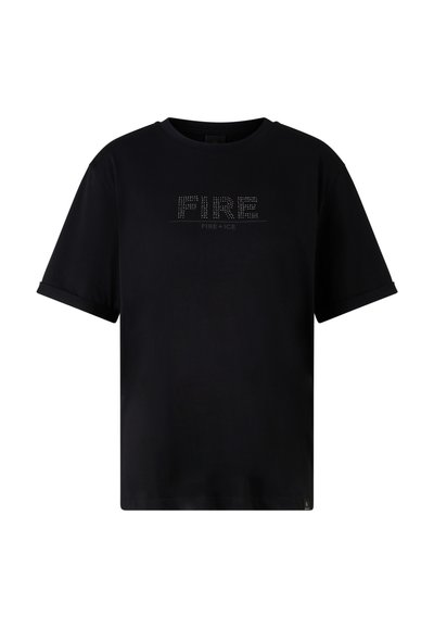 Sort kortærmet t-shirt med et struktureret "FIRE" grafik og "FIRE+ICE" logo i rhinsten over brystet. Glat bomuldsstof.