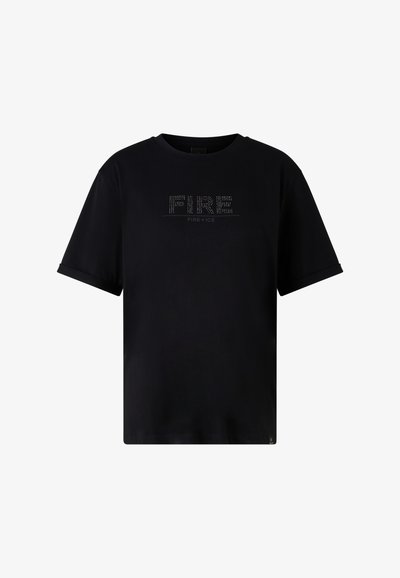 Czarna koszulka z krótkim rękawem z teksturowanym grafikiem "FIRE" oraz logo "FIRE+ICE" z kamieniami zdobniczymi na piersi. Gładki materiał bawełniany.