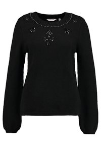 Pull noir avec un col rond, manches longues, et détails embellis d'accents brillants à l'avant près du col. Texture douce.