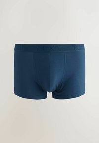 Tumši zili bokseršorti, kas izgatavoti no mīkstas auduma ar strukturētu jostasvietu, kurā ir "NEXT" zīmols. Izstrādāti komfortam un piemērotībai.